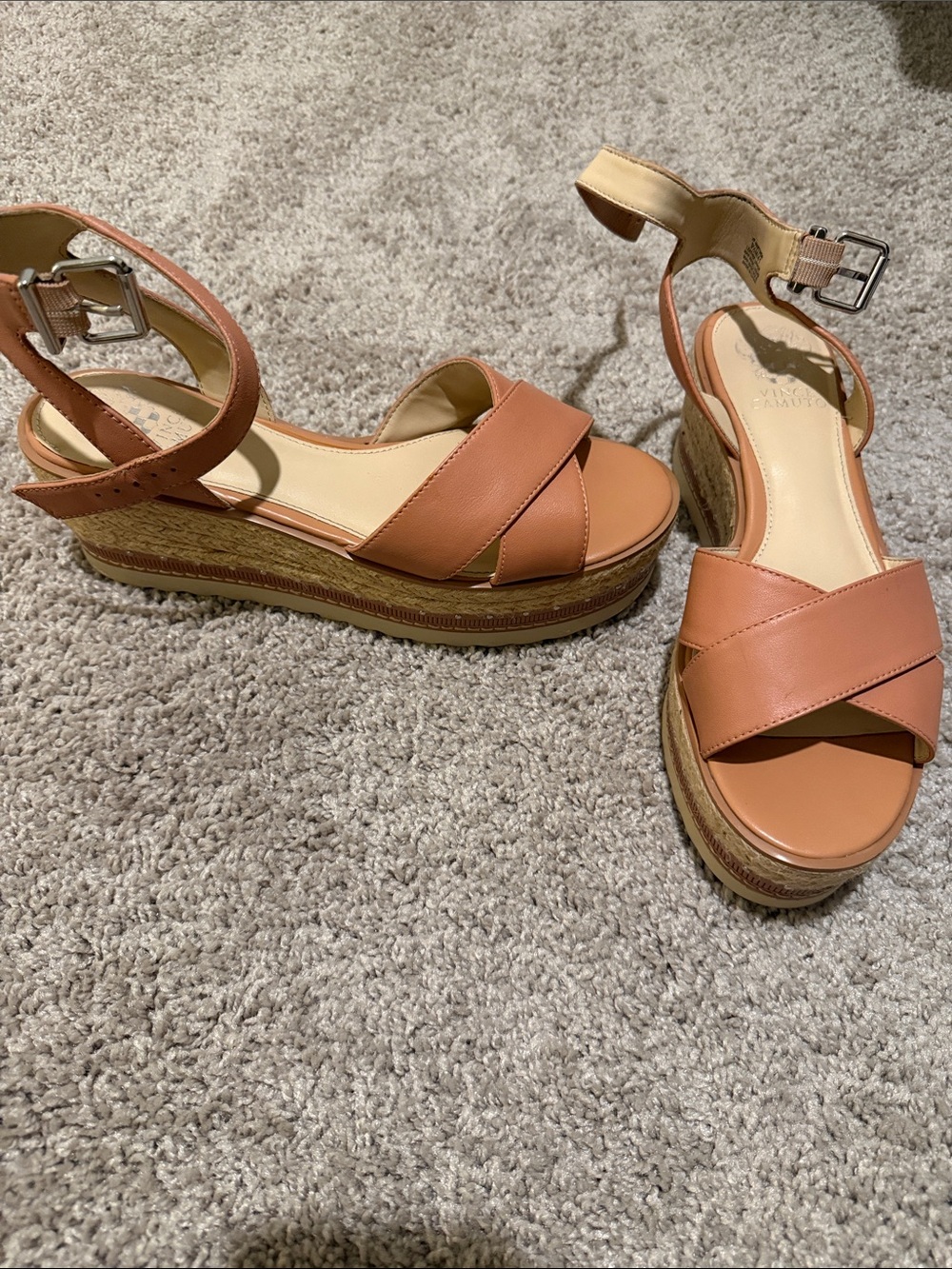 Vince Camuto Leather Crossover Wedge Sandals - Cognac